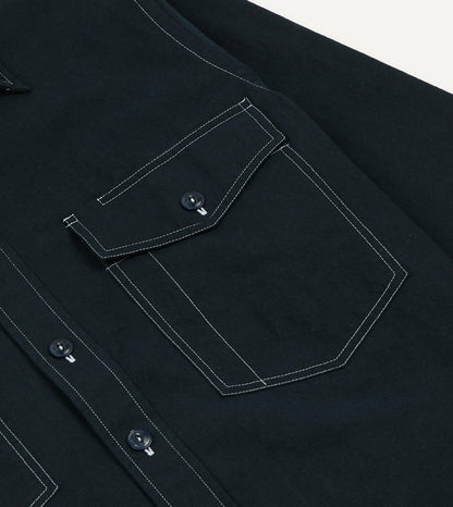 Drake's Navy Contrast Stitch Cotton-Linen Two-Pocket Work Shirt