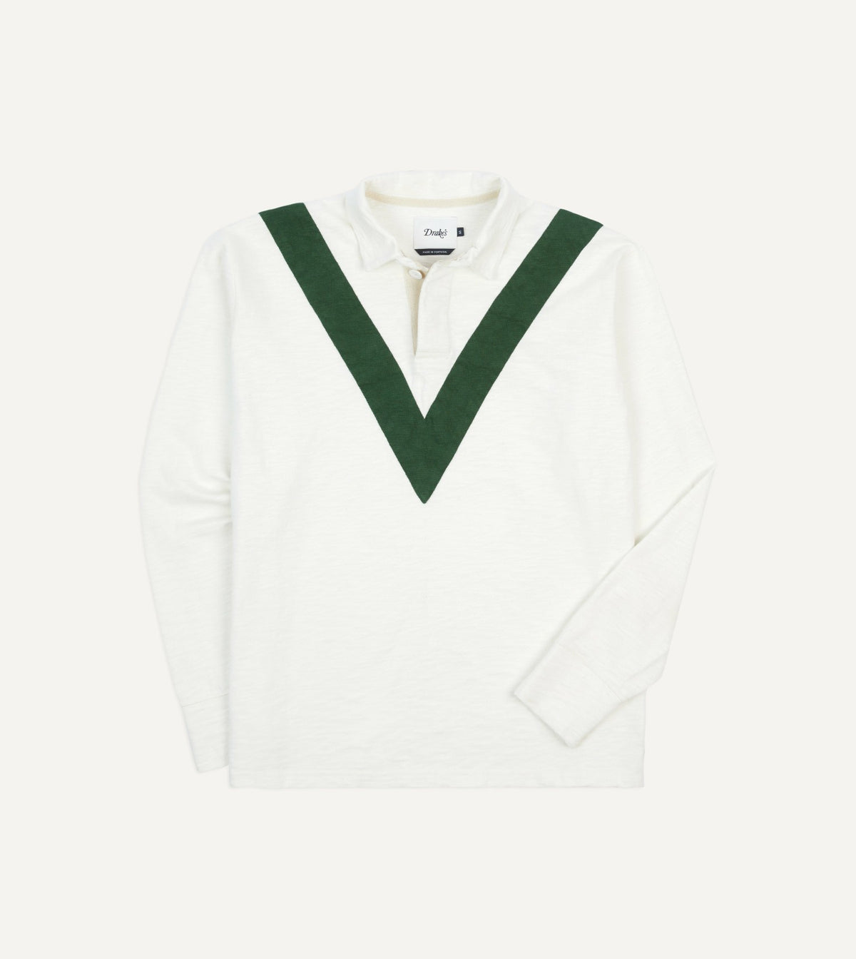 Drake's Ecru and Green Chevron Cotton Rugby Shirt