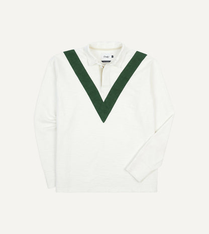 Drake's Ecru and Green Chevron Cotton Rugby Shirt