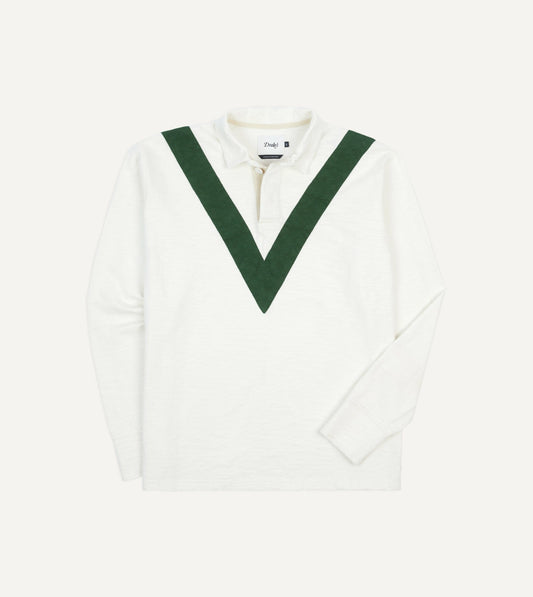 Drake's Ecru and Green Chevron Cotton Rugby Shirt