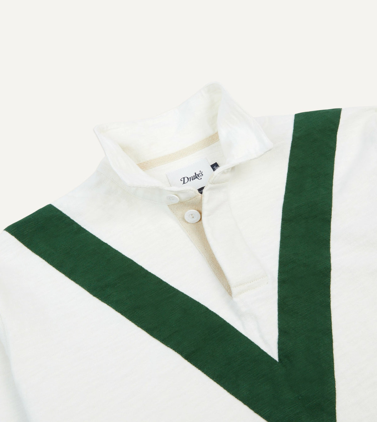 Drake's Ecru and Green Chevron Cotton Rugby Shirt