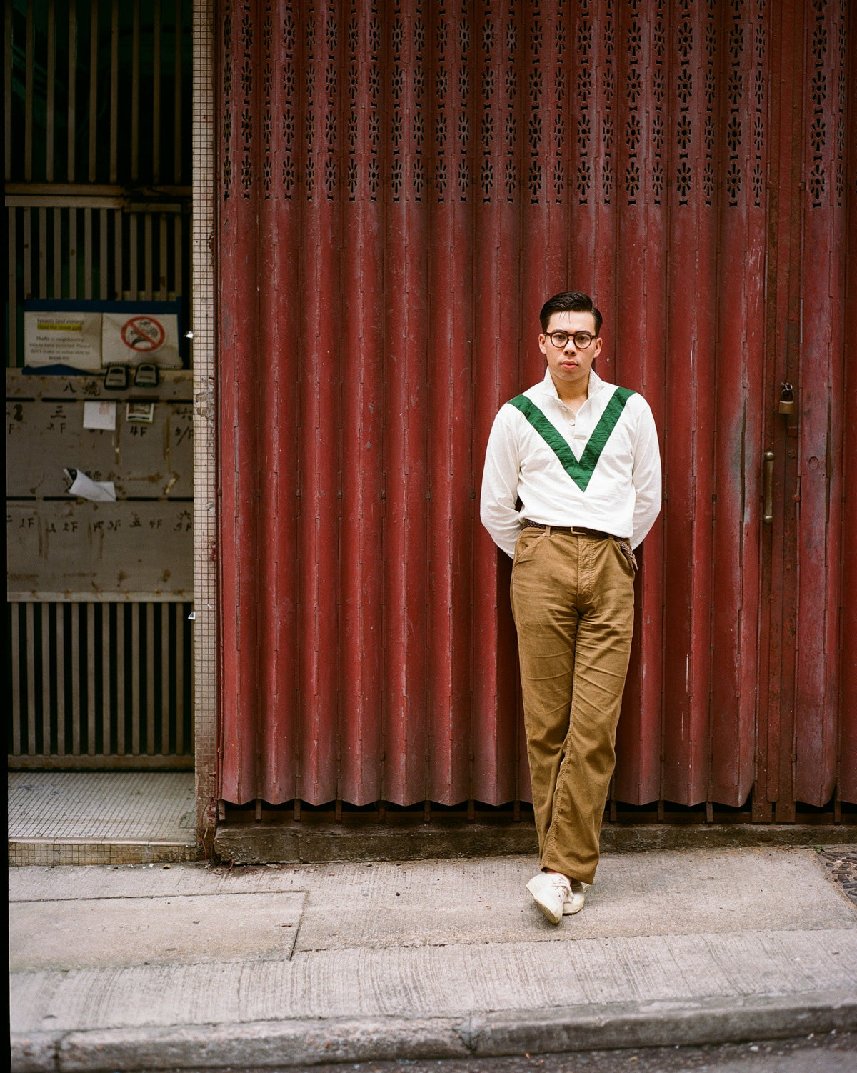 Drake's Ecru and Green Chevron Cotton Rugby Shirt