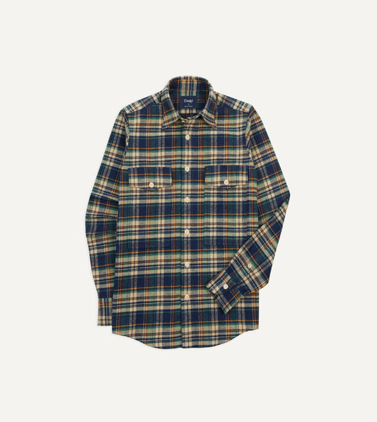Drake's Indigo Check Cotton Two-Pocket Work Shirt