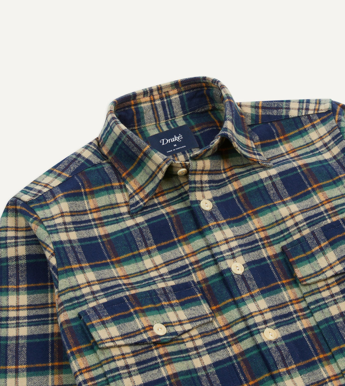Drake's Indigo Check Cotton Two-Pocket Work Shirt