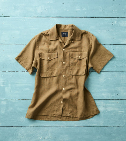 Drake's Khaki Linen Short Sleeve Camp Collar Military Shirt