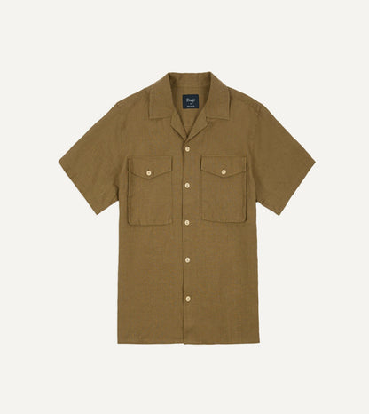 Drake's Khaki Linen Short Sleeve Camp Collar Military Shirt