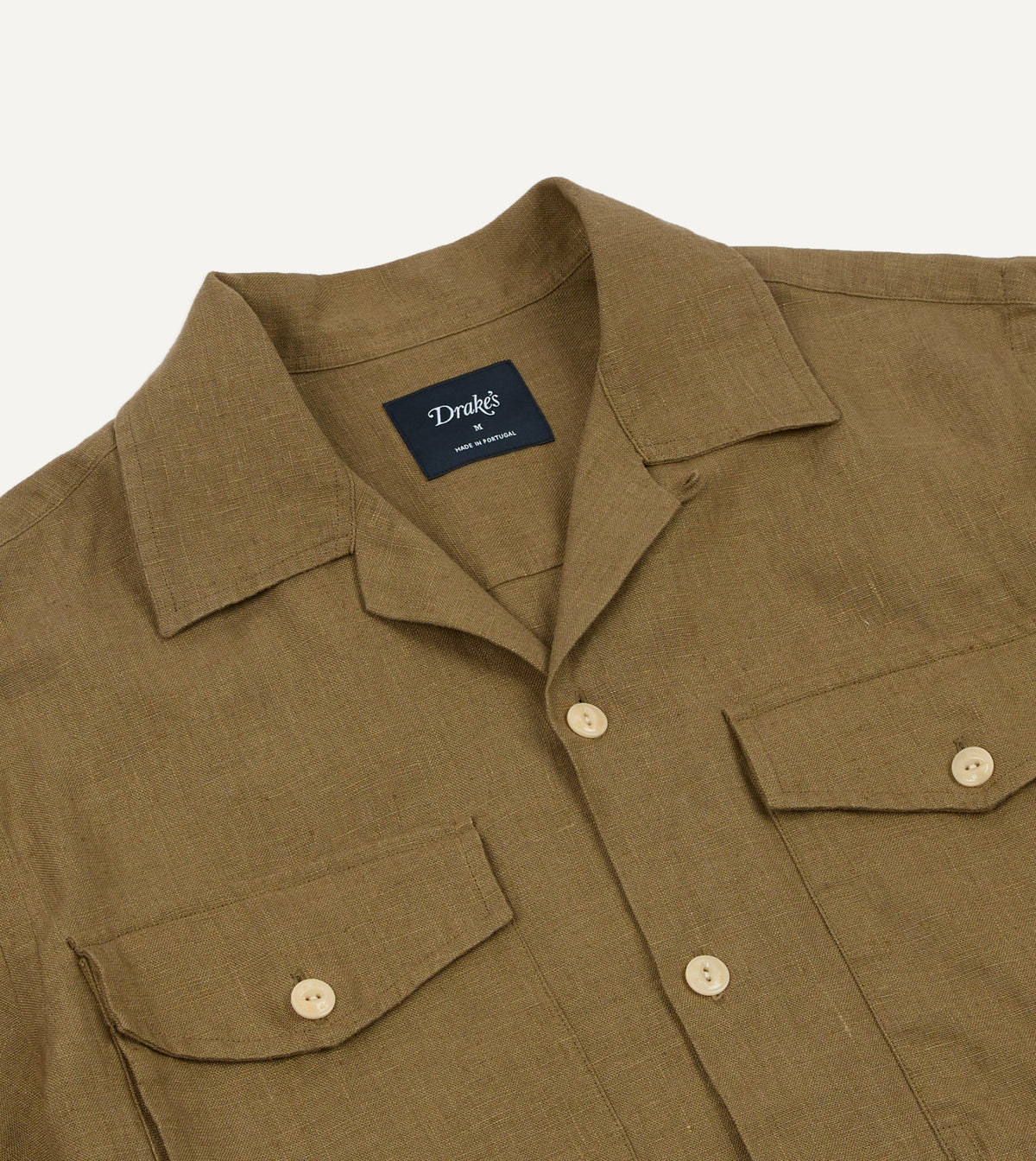Drake's Khaki Linen Short Sleeve Camp Collar Military Shirt