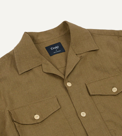 Drake's Khaki Linen Short Sleeve Camp Collar Military Shirt