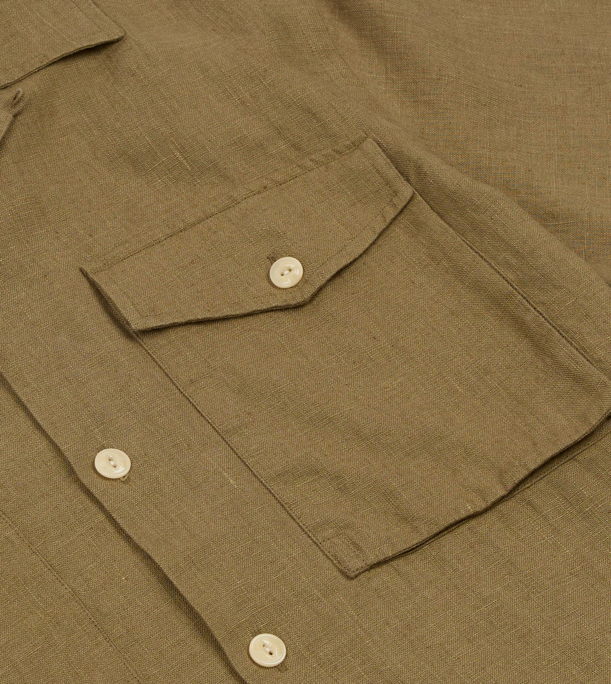 Drake's Khaki Linen Short Sleeve Camp Collar Military Shirt