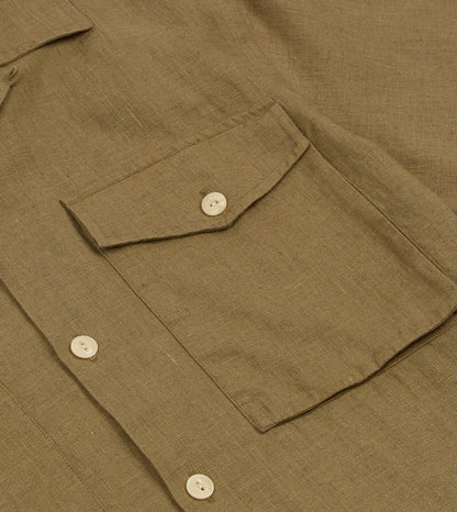 Drake's Khaki Linen Short Sleeve Camp Collar Military Shirt