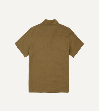 Drake's Khaki Linen Short Sleeve Camp Collar Military Shirt