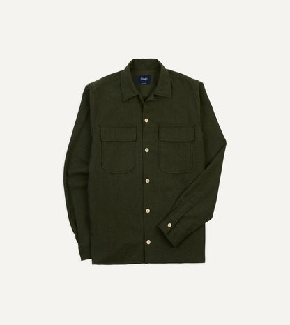 Drake's Dark Green Wool Two-Pocket Camp Collar Work Shirt