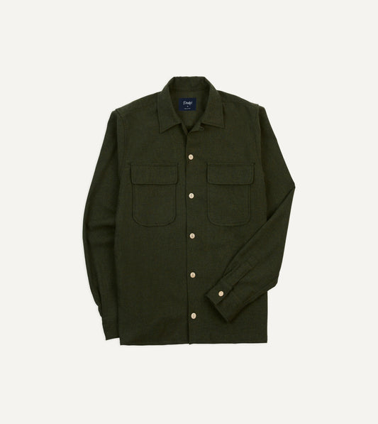Drake's Dark Green Wool Two-Pocket Camp Collar Work Shirt