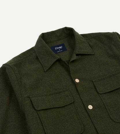 Drake's Dark Green Wool Two-Pocket Camp Collar Work Shirt