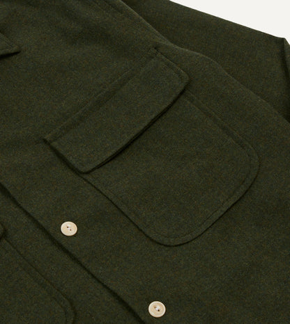 Drake's Dark Green Wool Two-Pocket Camp Collar Work Shirt