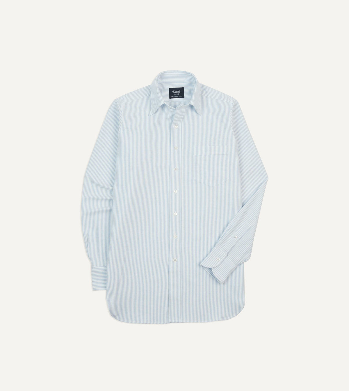Drake's Light Blue and White Ticking Stripe Cotton Oxford Cloth Long Point Collar Shirt