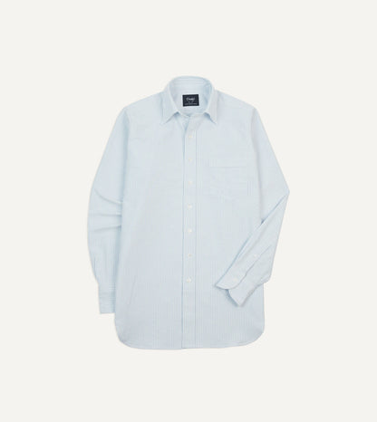 Drake's Light Blue and White Ticking Stripe Cotton Oxford Cloth Long Point Collar Shirt