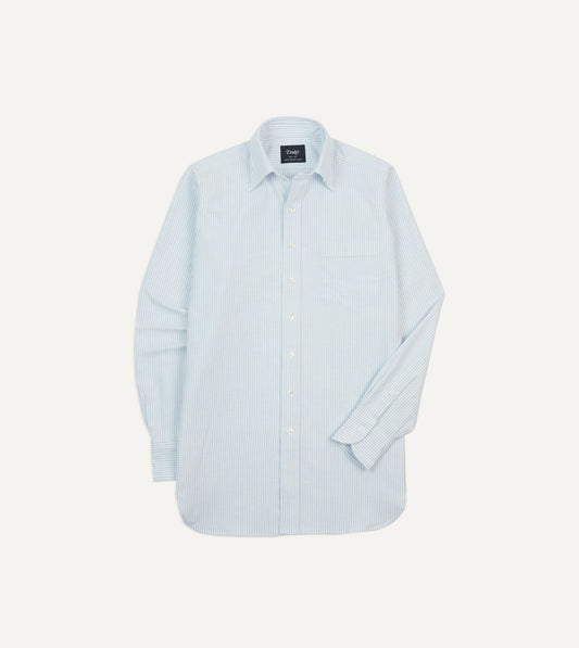 Drake's Light Blue and White Ticking Stripe Cotton Oxford Cloth Long Point Collar Shirt