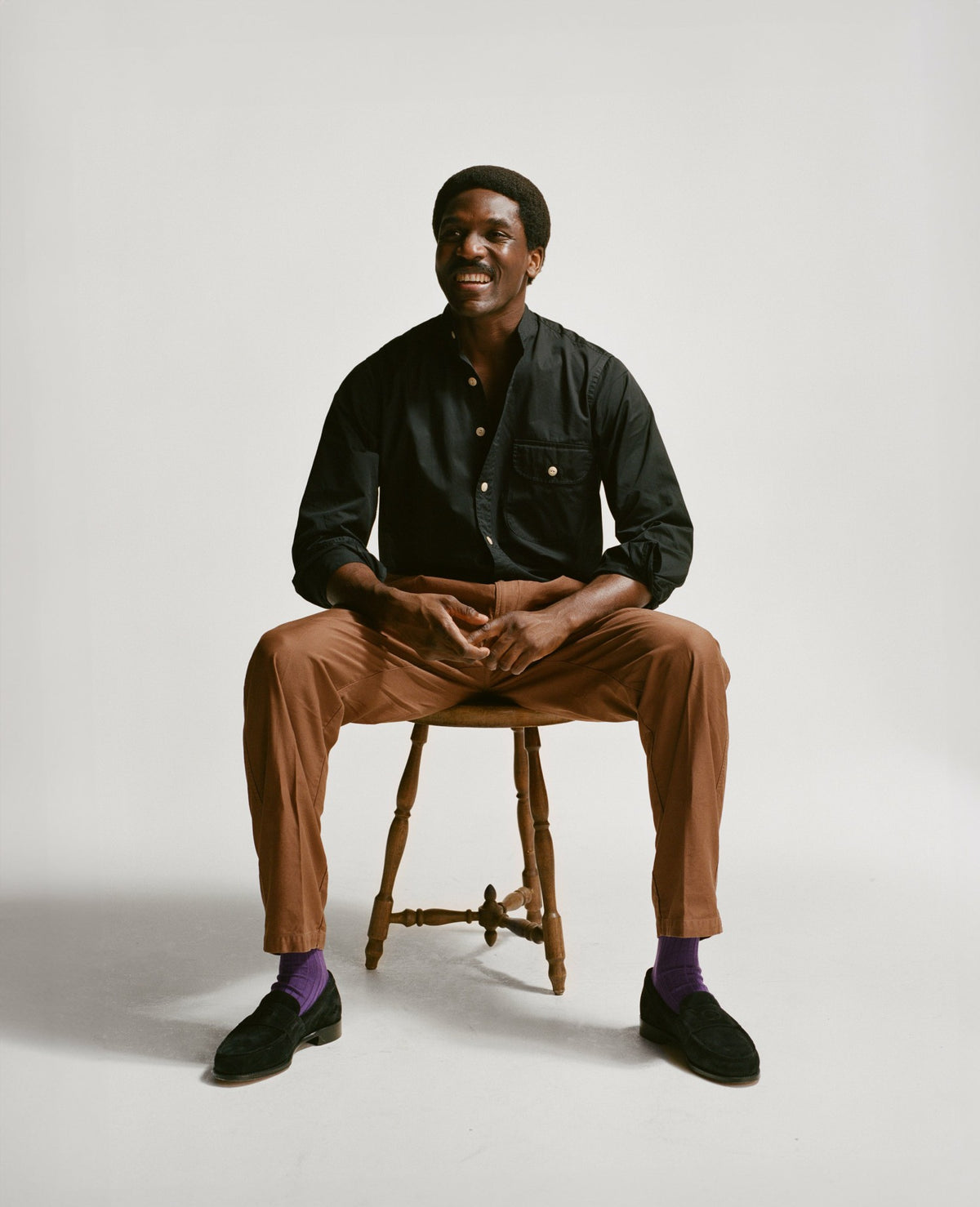 Drake's Black Cotton Mandarin Collar Shirt