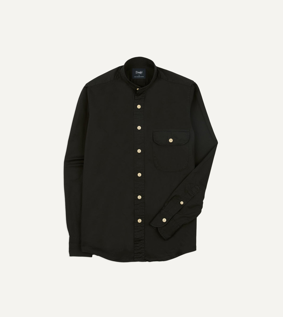 Drake's Black Cotton Mandarin Collar Shirt