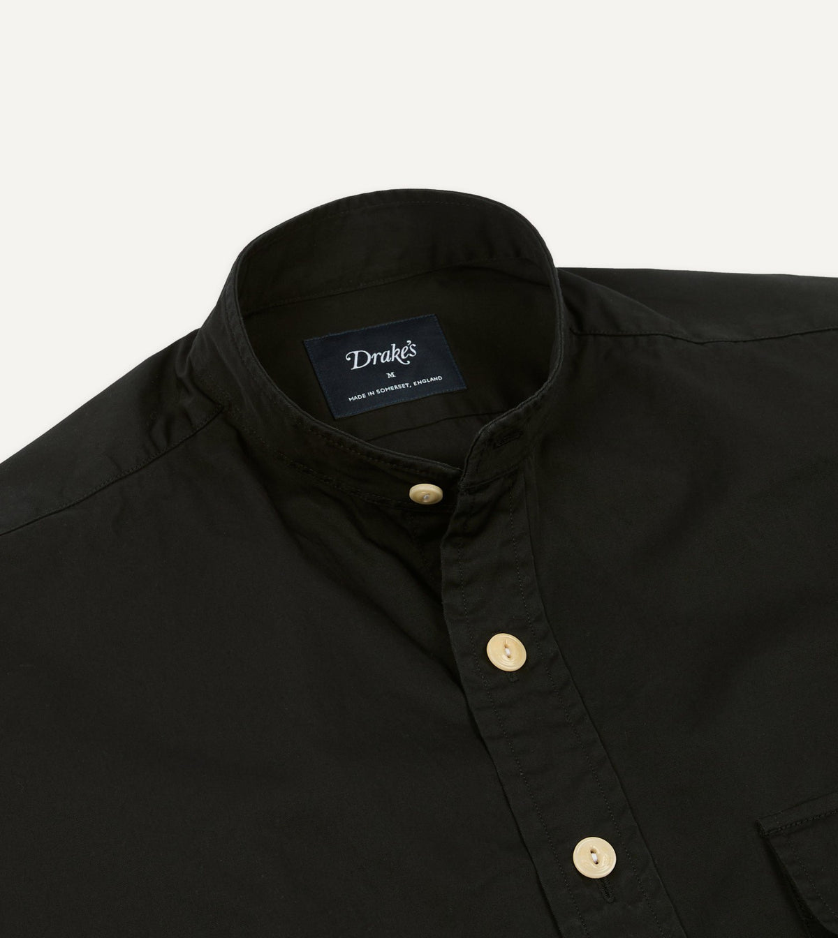 Drake's Black Cotton Mandarin Collar Shirt