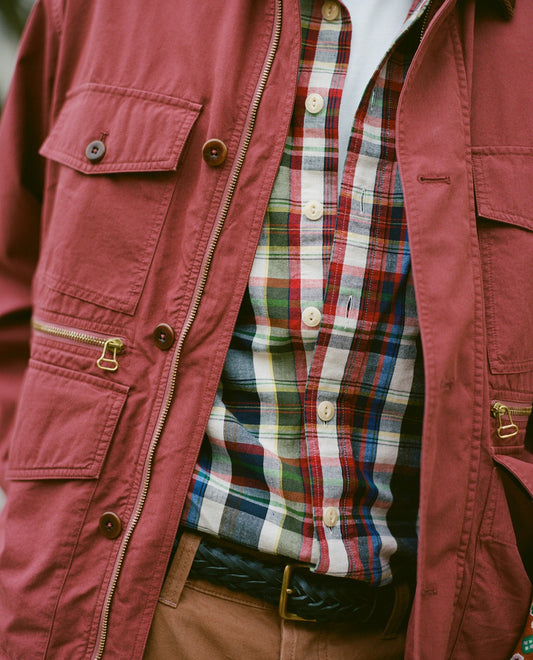 Drake's Navy and Red Check Cotton-Linen Two-Pocket Work Shirt