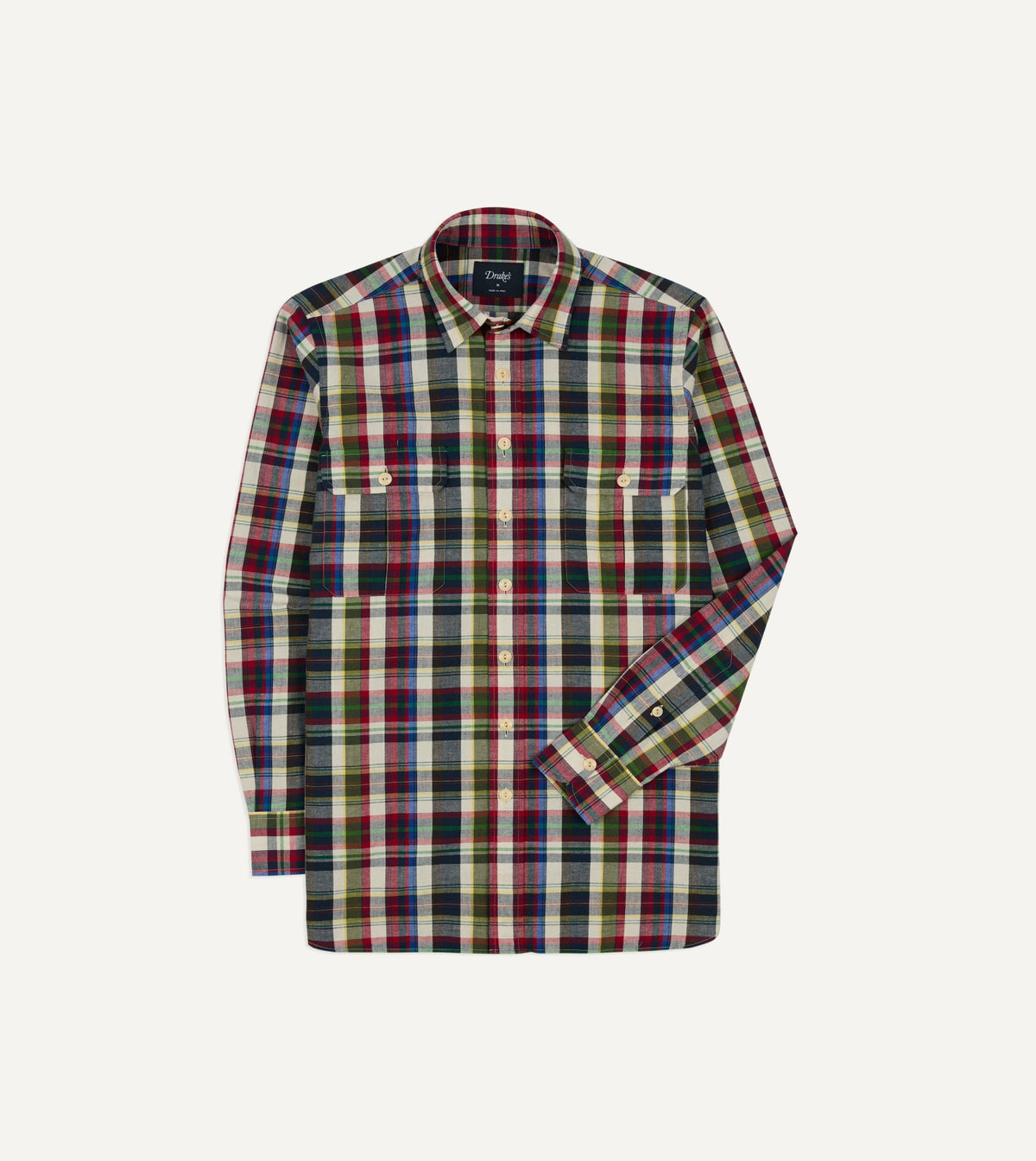 Drake's Navy and Red Check Cotton-Linen Two-Pocket Work Shirt