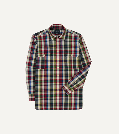 Drake's Navy and Red Check Cotton-Linen Two-Pocket Work Shirt