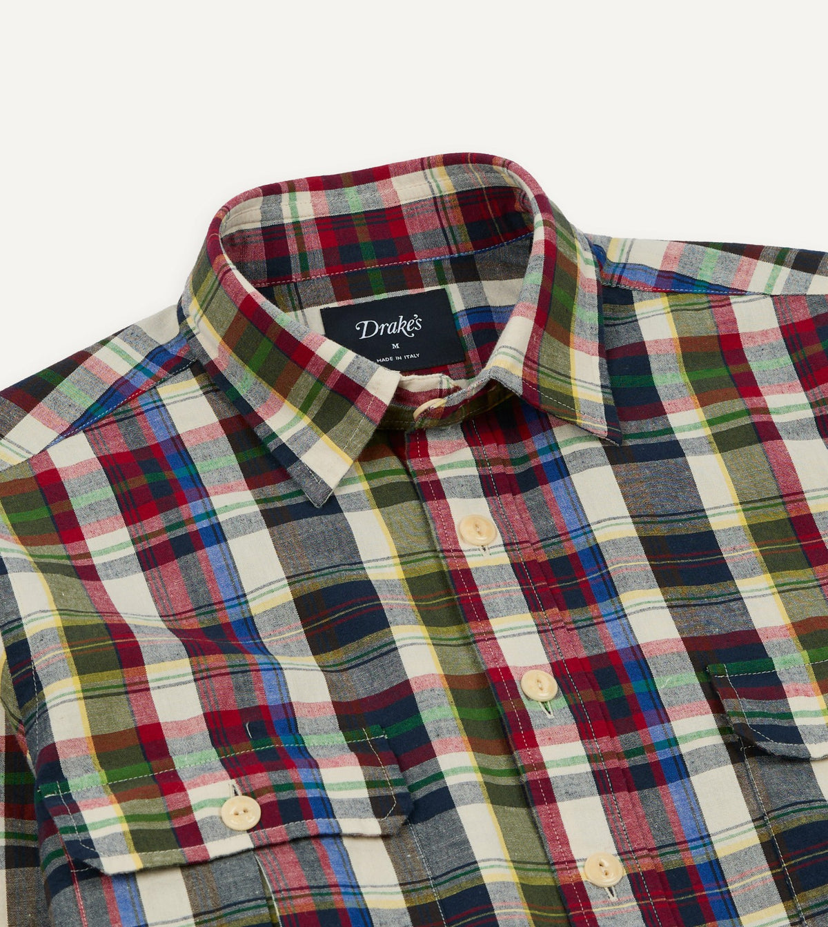 Drake's Navy and Red Check Cotton-Linen Two-Pocket Work Shirt