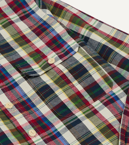 Drake's Navy and Red Check Cotton-Linen Two-Pocket Work Shirt