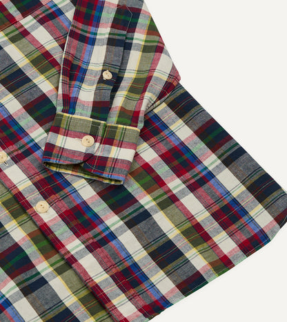 Drake's Navy and Red Check Cotton-Linen Two-Pocket Work Shirt