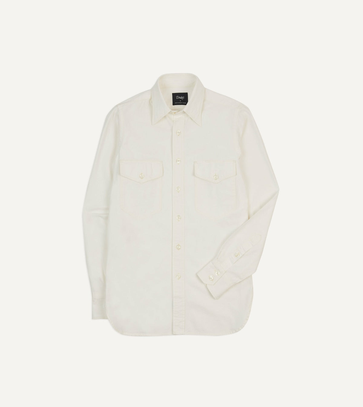 Drake's White Cotton Two-Pocket Work Shirt