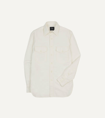 Drake's White Cotton Two-Pocket Work Shirt