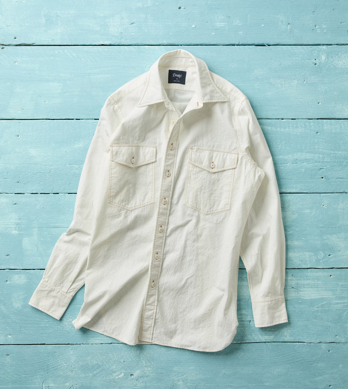 Drake's White Cotton-Linen Two-Pocket Work Shirt