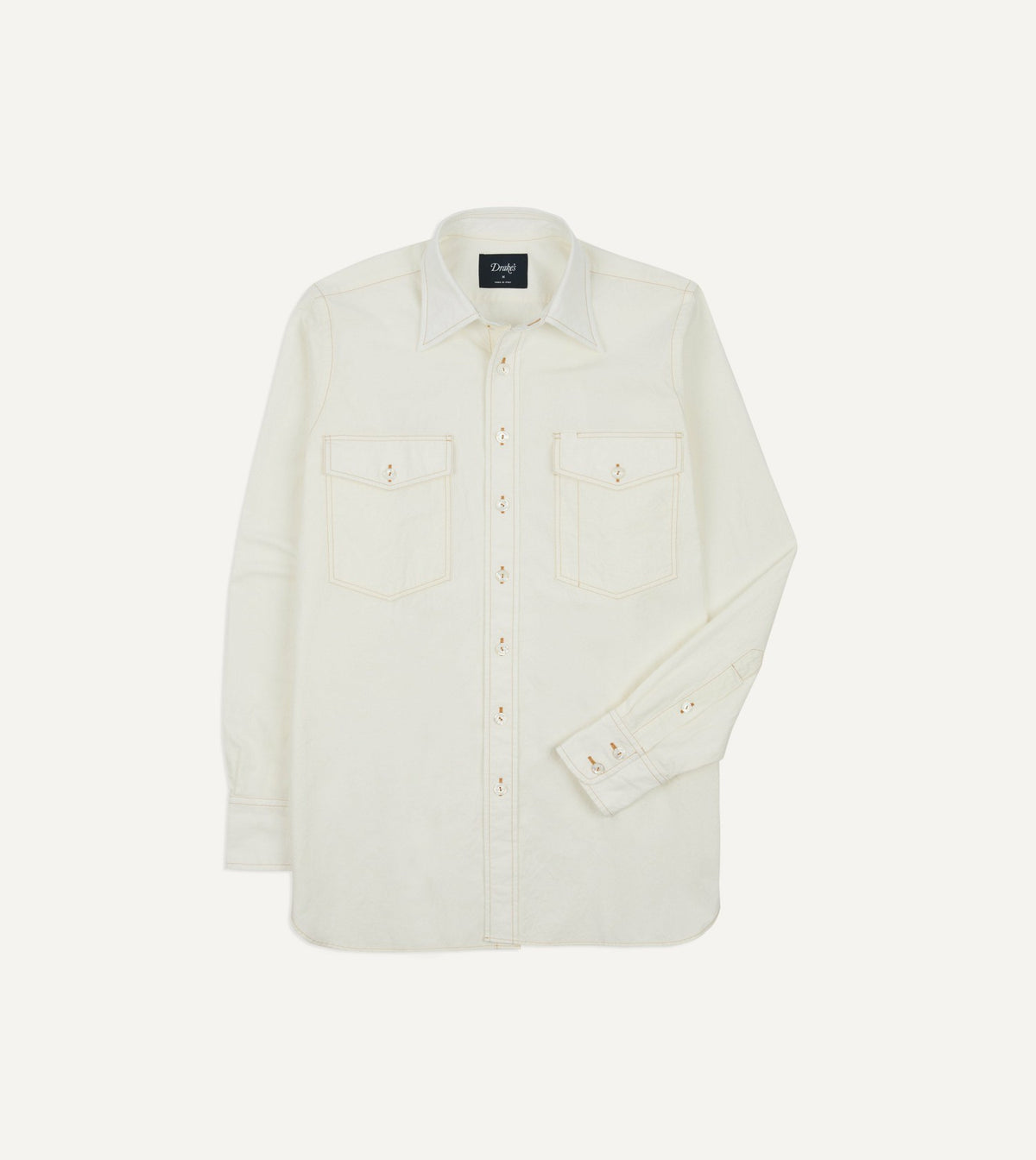 Drake's White Cotton-Linen Two-Pocket Work Shirt