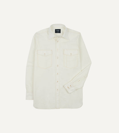 Drake's White Cotton-Linen Two-Pocket Work Shirt