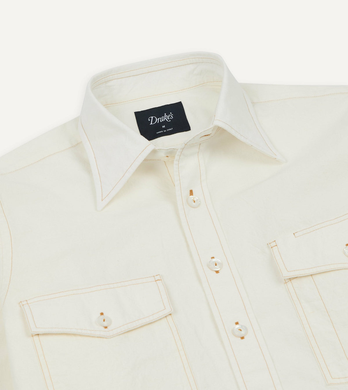 Drake's White Cotton-Linen Two-Pocket Work Shirt
