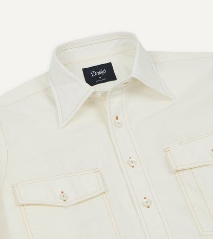Drake's White Cotton-Linen Two-Pocket Work Shirt