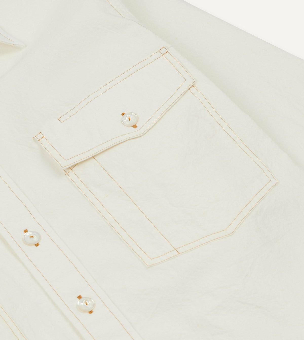 Drake's White Cotton-Linen Two-Pocket Work Shirt