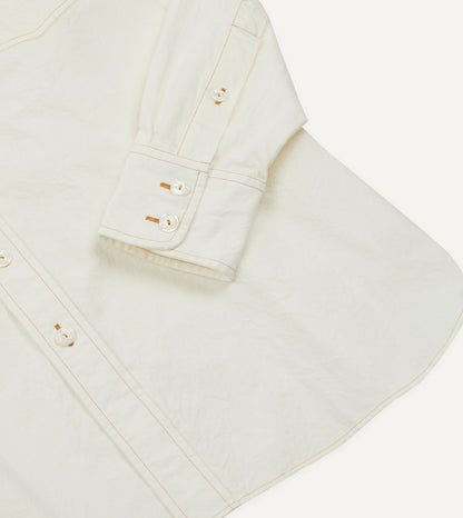 Drake's White Cotton-Linen Two-Pocket Work Shirt