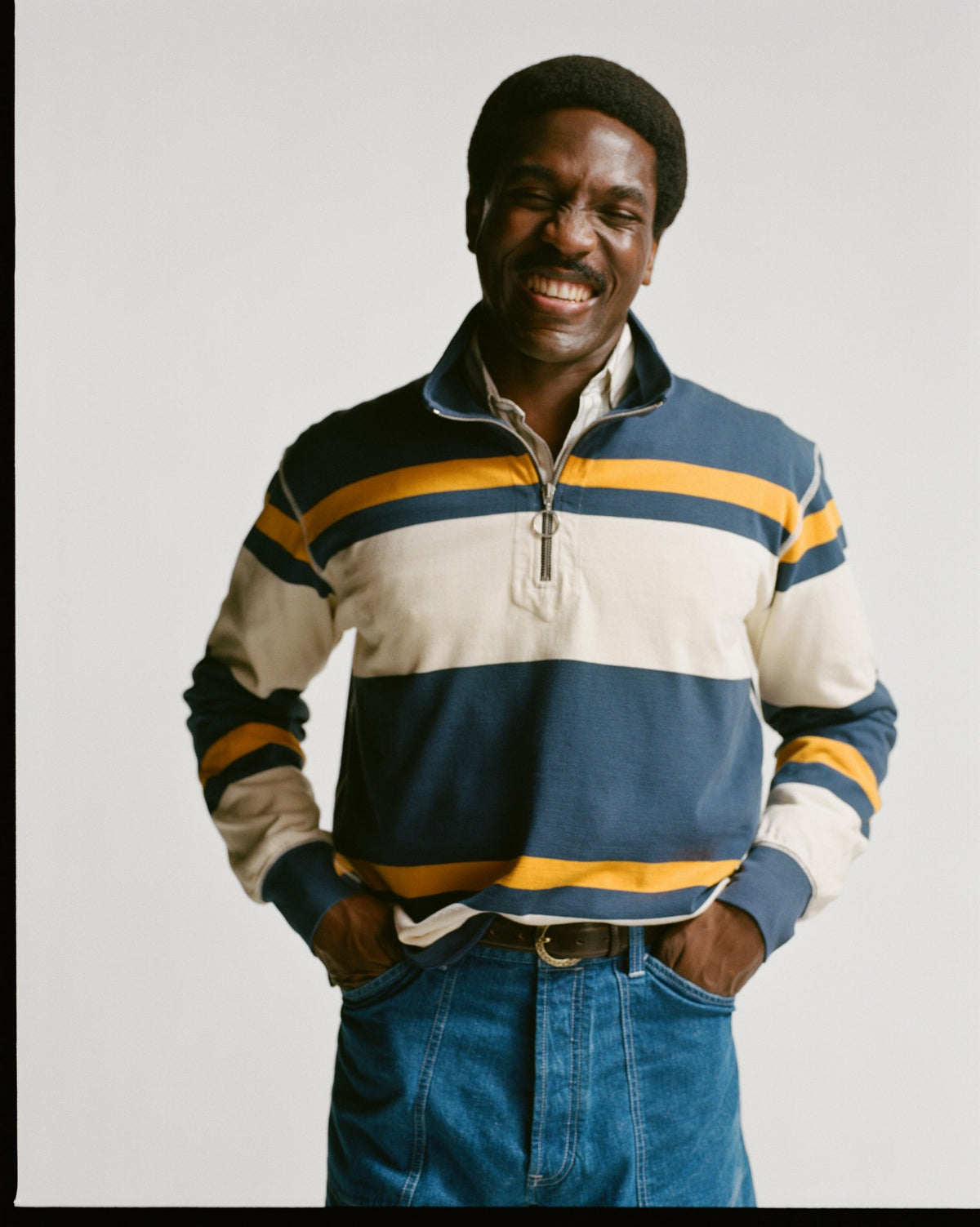 Drake's Navy and Yellow Stripe Cotton Quarter Zip Rugby Shirt