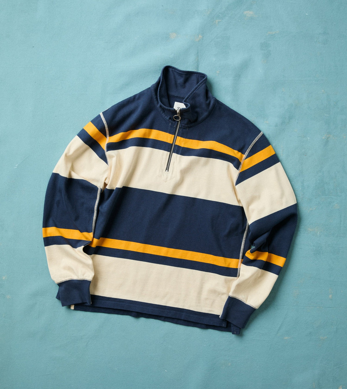 Drake's Navy and Yellow Stripe Cotton Quarter Zip Rugby Shirt