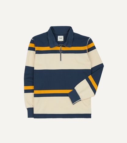 Drake's Navy and Yellow Stripe Cotton Quarter Zip Rugby Shirt