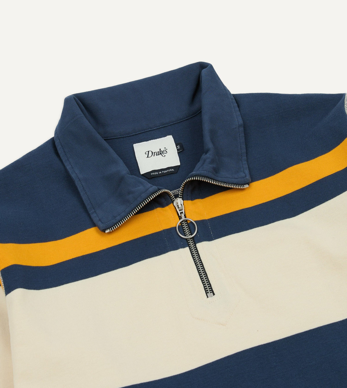 Drake's Navy and Yellow Stripe Cotton Quarter Zip Rugby Shirt