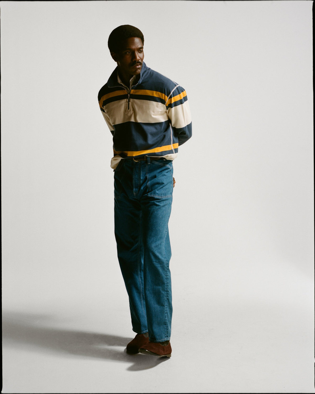Drake's Navy and Yellow Stripe Cotton Quarter Zip Rugby Shirt