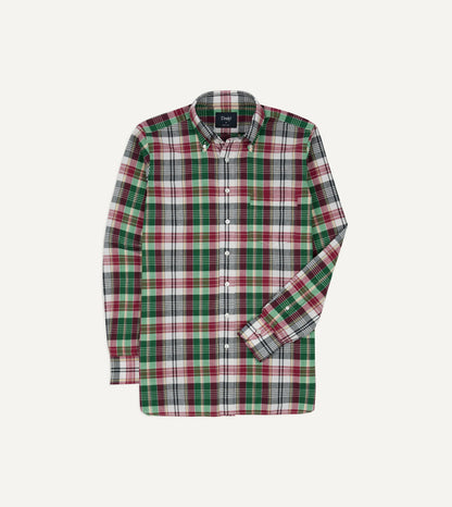 Drake's Green and Burgundy Madras Check Cotton Button-Down Shirt