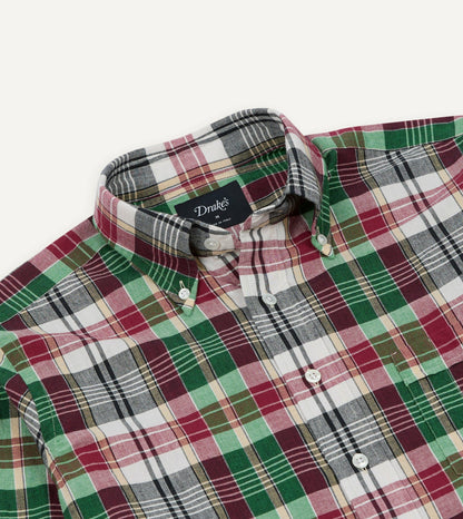 Drake's Green and Burgundy Madras Check Cotton Button-Down Shirt
