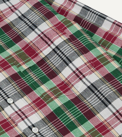 Drake's Green and Burgundy Madras Check Cotton Button-Down Shirt