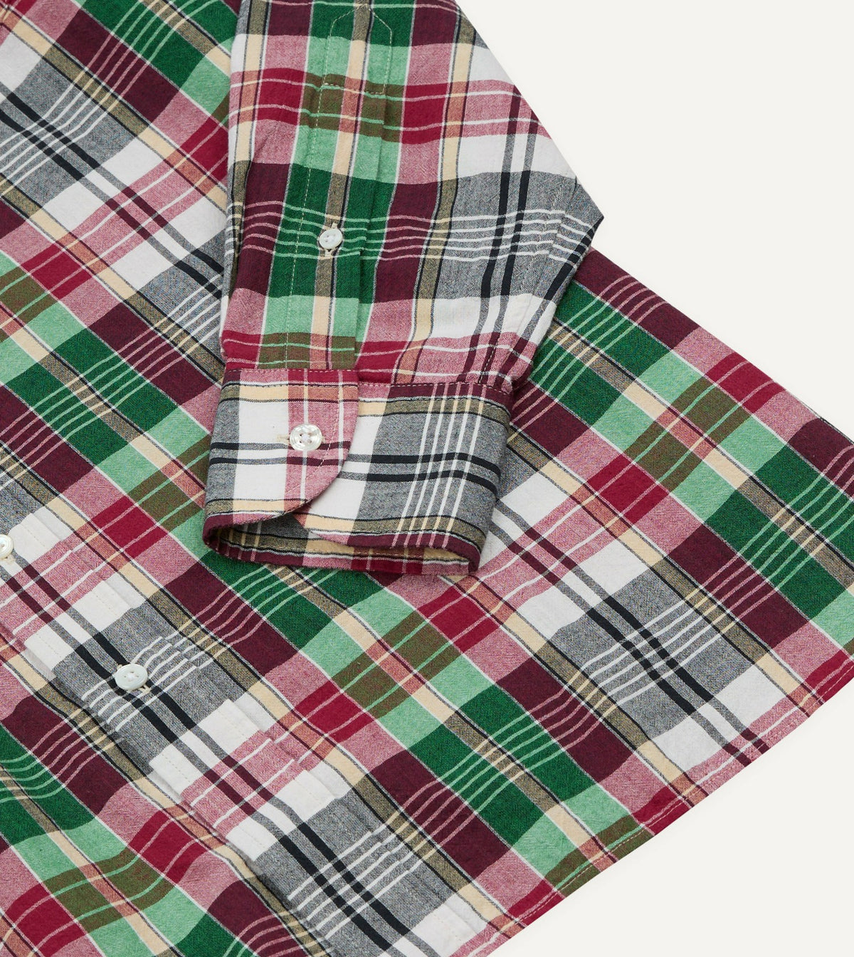 Drake's Green and Burgundy Madras Check Cotton Button-Down Shirt