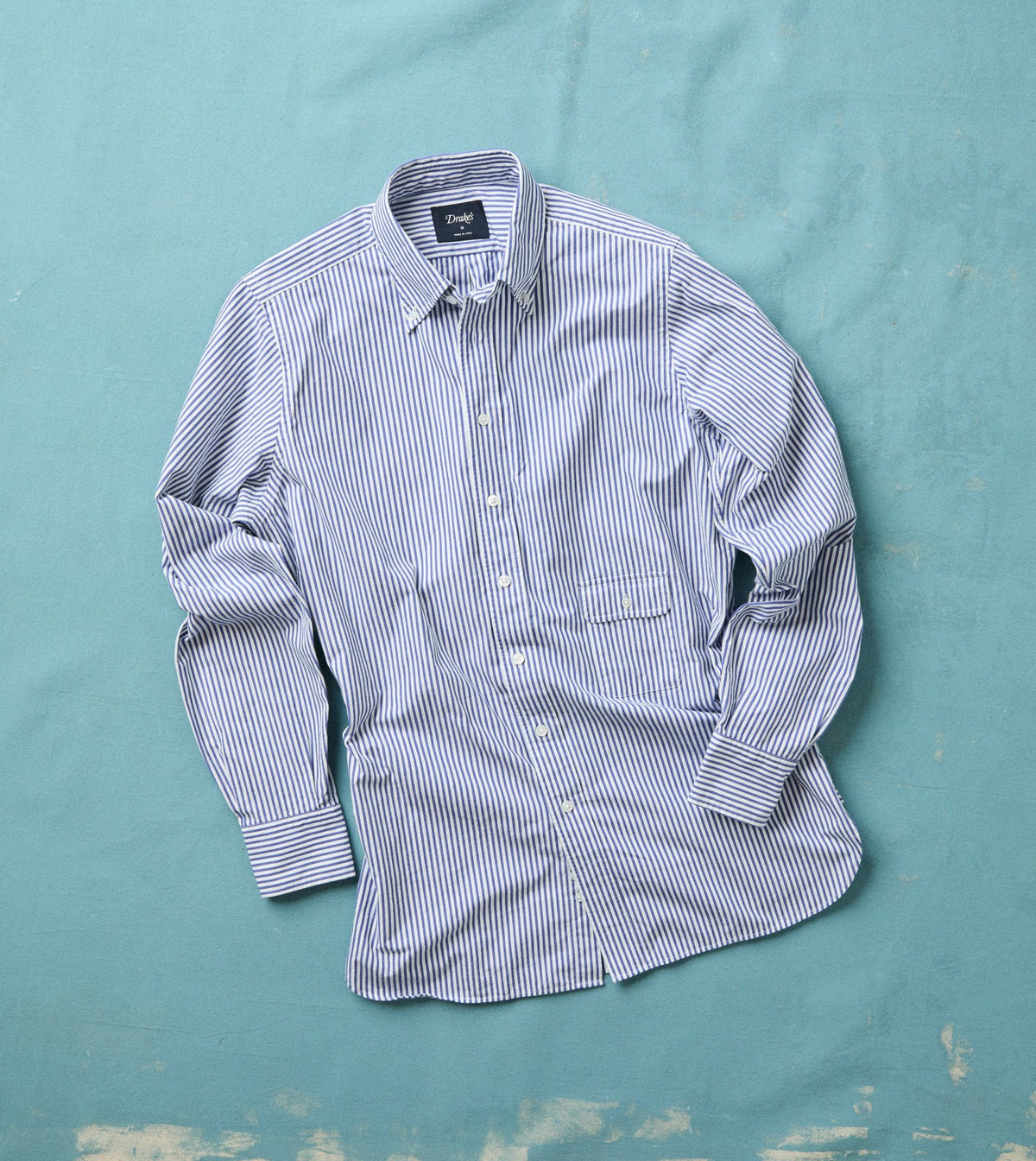 Drake's Blue and White Stripe Button-Down Collar Fob Pocket Shirt